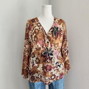 Vintage Y2K Zero Zero Brown Pink Floral Sheer Long Sleeve Wrap Blouse Boho L